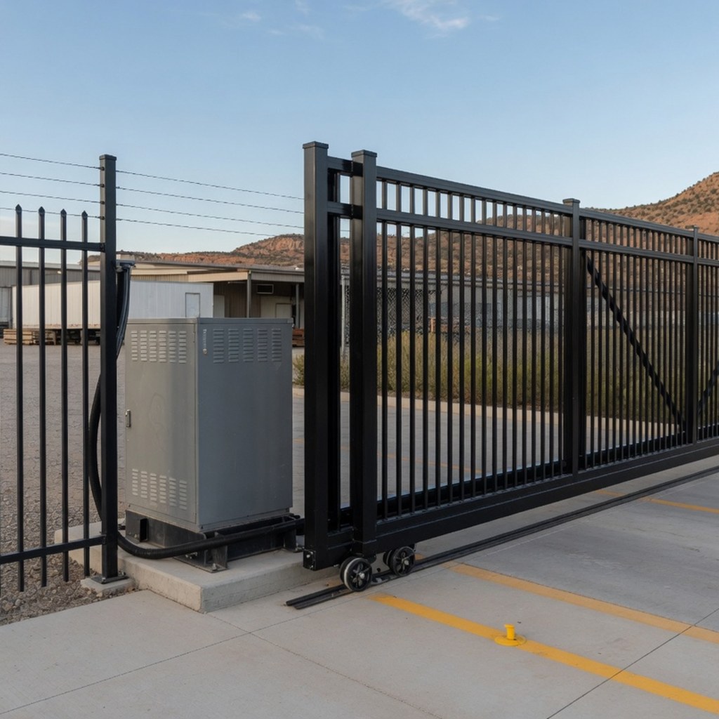 Security gate and fence combination at a commercial property
